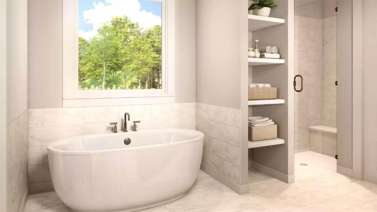 Primary bathroom with a soaking tub, built-in shelves, and a walk-in shower with a tiled bench.