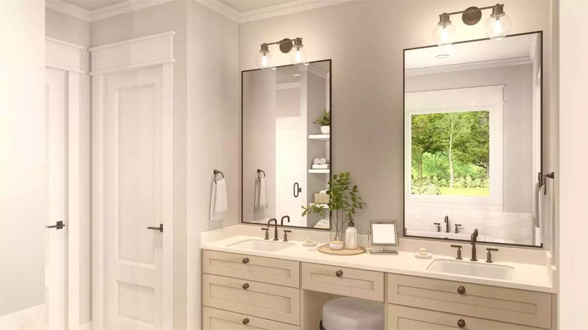 Primary vanity with two sinks and a makeup counter in the middle.