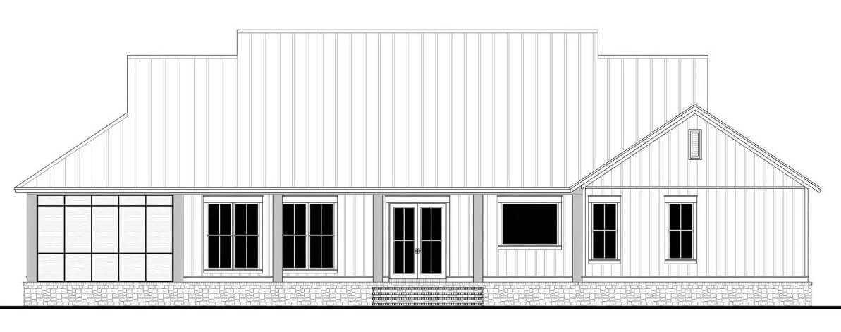 Rear elevation sketch of the ranch style 4-bedroom home.