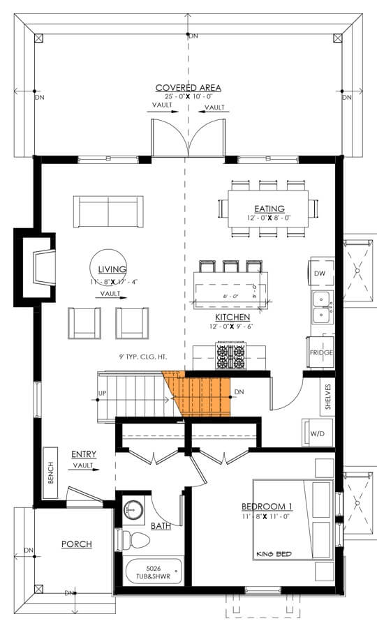Main level floor plan showcasing the basement stairs location.