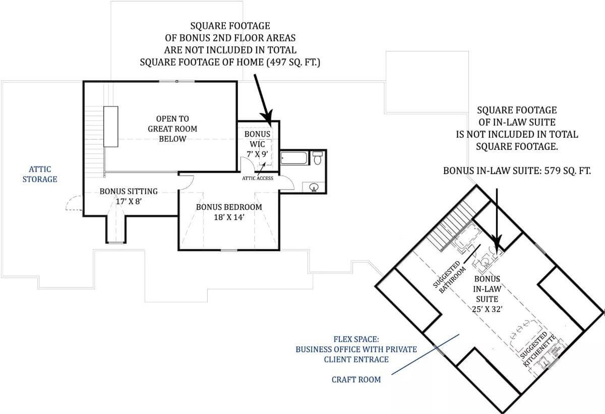 Bonus level floor plan with a bedroom and a separate in-law suite above the garage.