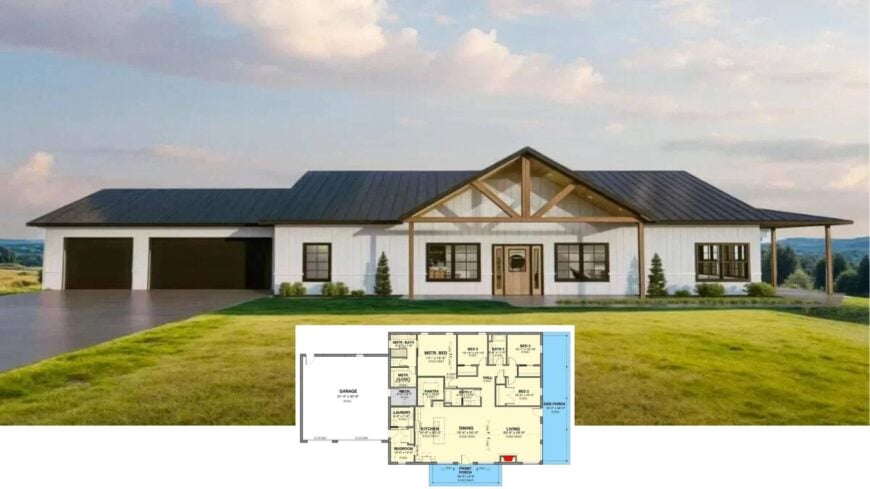 Step Inside This Light-Filled 2,800-Sq-Ft Modern Farmhouse With a Dramatic Gabled Roof and Wraparound Porch