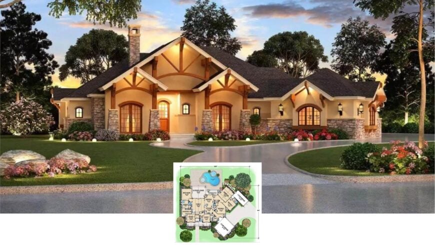 Tour This 4-Bedroom Stone-Clad Craftsman With Game Room, Home Theater, and Poolside Lounge