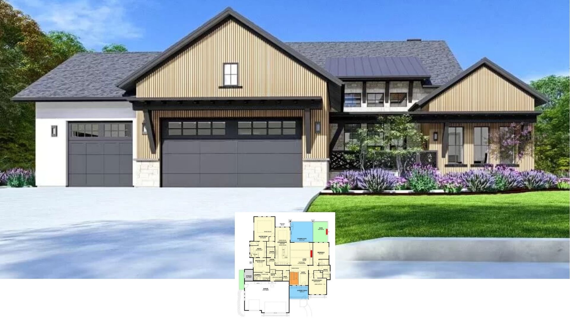 Step Inside This Bold 4-Bedroom Contemporary Farmhouse with Walk-Out Basement and Black Garage Doors