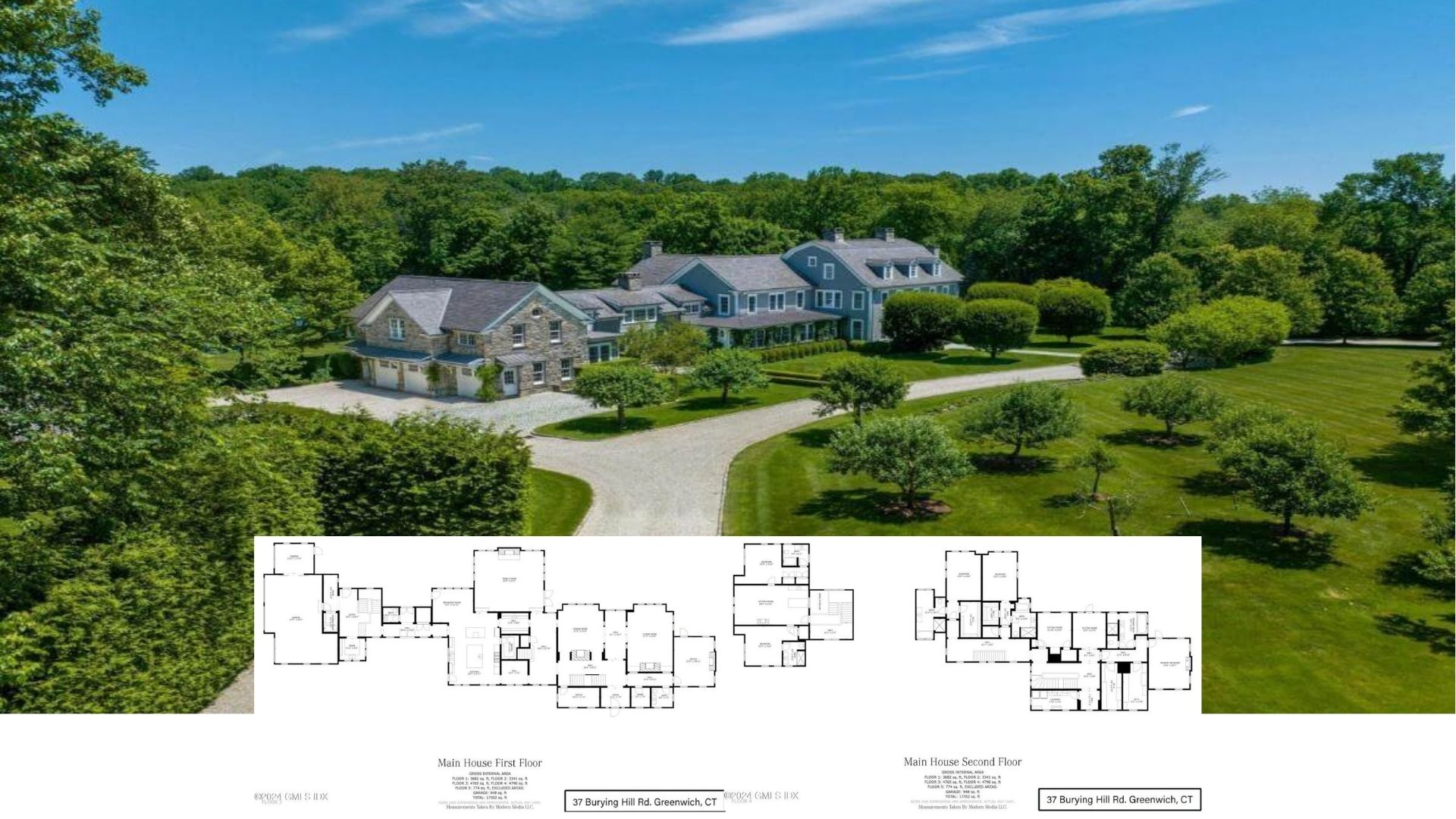 Tour This Grand 12,500-Sq-Ft Colonial Estate with an Indoor Basketball Court, Pool House, and Guest Cottage