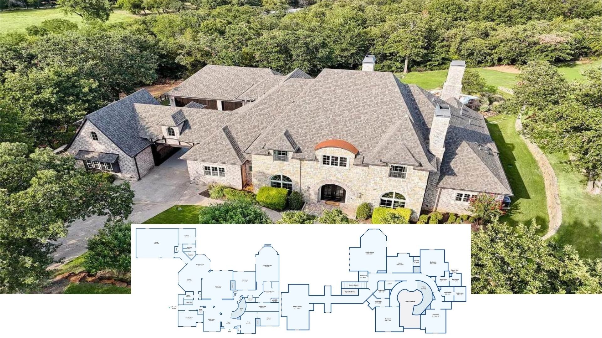 Tour This Grand 5-Bedroom Stone Manor with Media Suite, Craft Room, and Resort-Style Pool