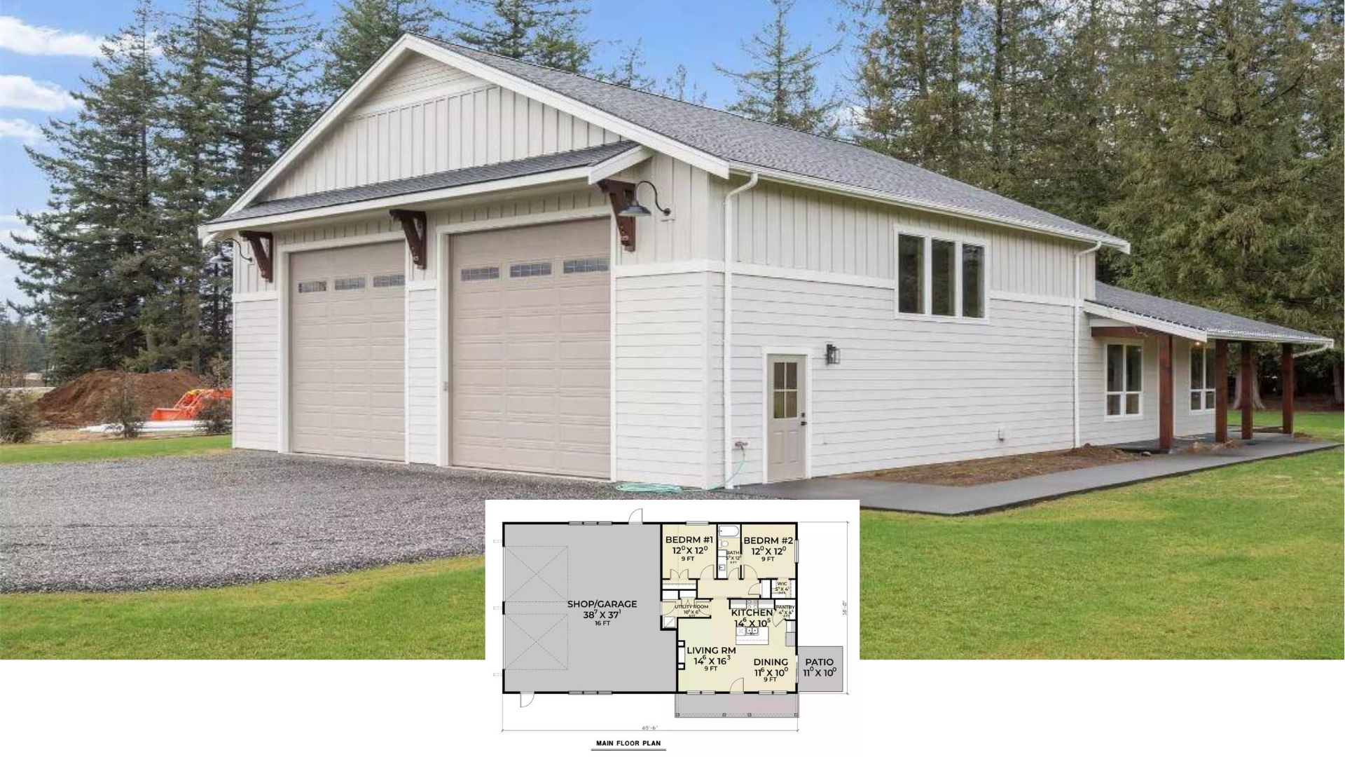 Step Inside This Smart 2-Bedroom Board-and-Batten Home with an Oversized Workshop Garage (Floor Plan)