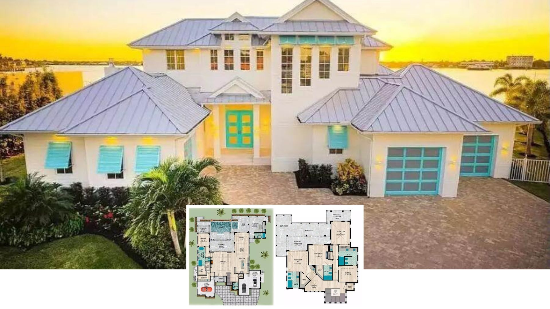 Tour This Show-Stopping 5-Bedroom Coastal Contemporary With Turquoise Shutters and Panoramic Water Views