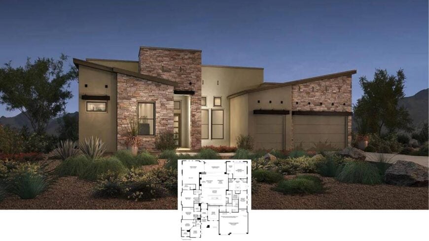 Tour This Striking 4-Bedroom Desert Contemporary with a Stone-Clad Facade and Private Casita (Floor Plan)