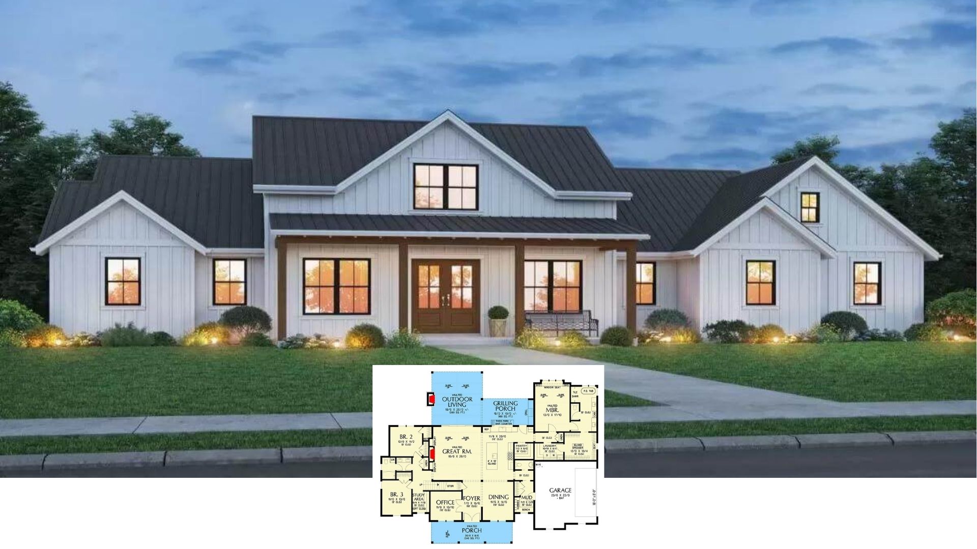 Step Inside This 2,700-Sq-Ft Symmetrical White Farmhouse Crowned with a Dark Metal Roof (Floor Plan)