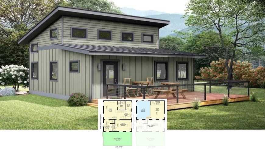 Tour This Smart 2-Bedroom Contemporary Cabin with Angular Rooflines and a Lofted Studio (1,050 Sq. Ft. Floor Plan)