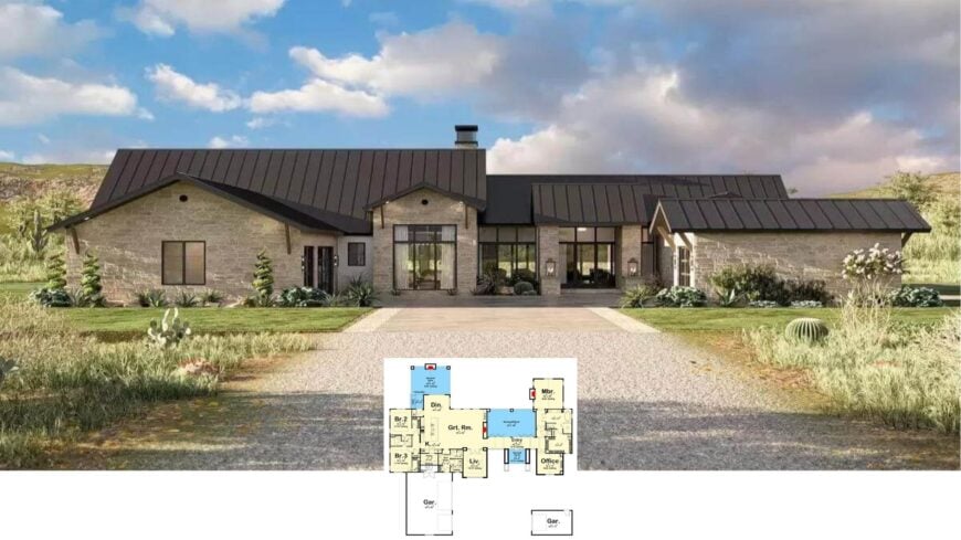 Tour This Striking 2,950-Sq-Ft Modern Ranch Home Wrapped in Stone and Topped with a Black Metal Roof (Floor Plan)