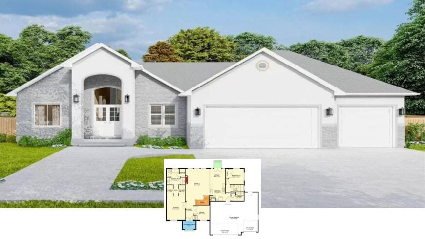 Step Inside This Airy 3-Bedroom, 3-Bath Ranch with a Vaulted Great Room and Stone-Trimmed All-White Facade