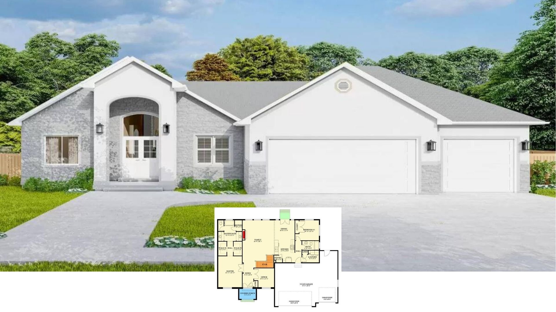 Step Inside This Airy 3-Bedroom, 3-Bath Ranch with a Vaulted Great Room and Stone-Trimmed All-White Facade