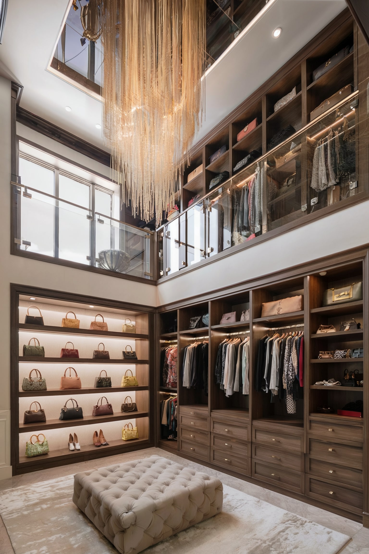 Two-story walk-in closet with wooden shelves, glass railing, and a chandelier