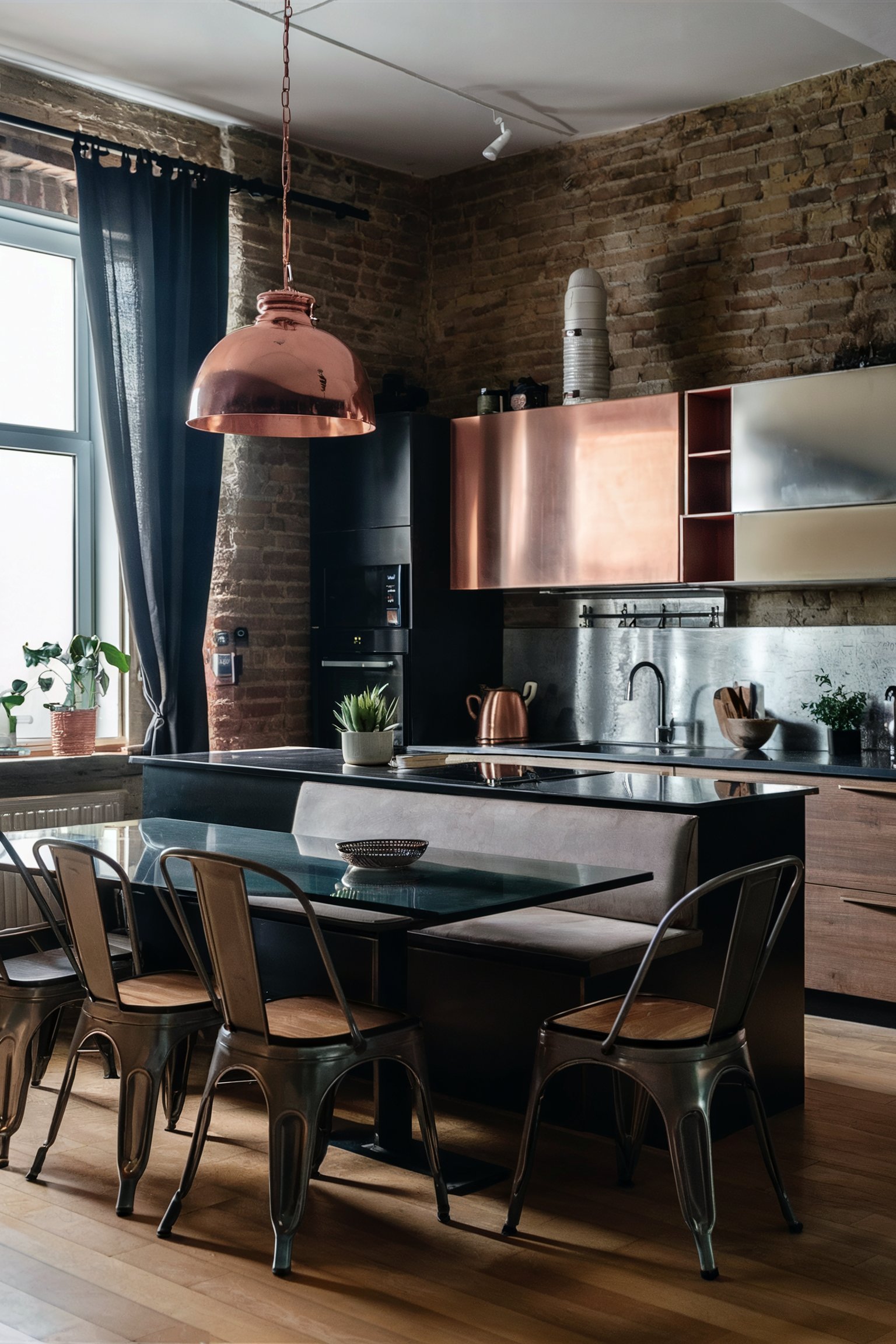 A modern kitchen with exposed brick walls, a copper pendant light, and black curtains hanging beside a large window