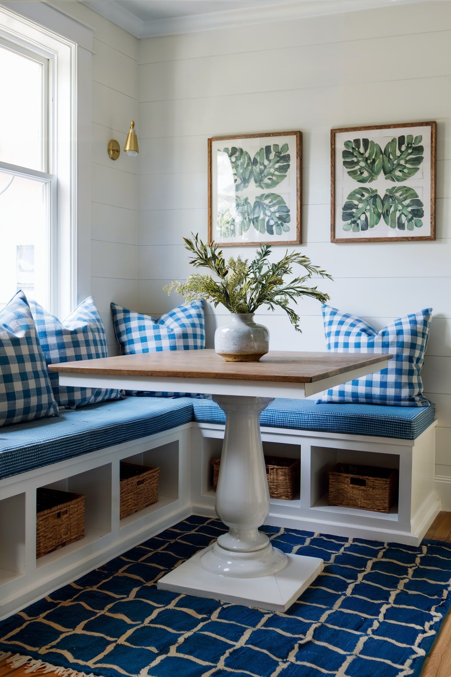 Breakfast nook with blue plaid cushions, storage, and a square table
