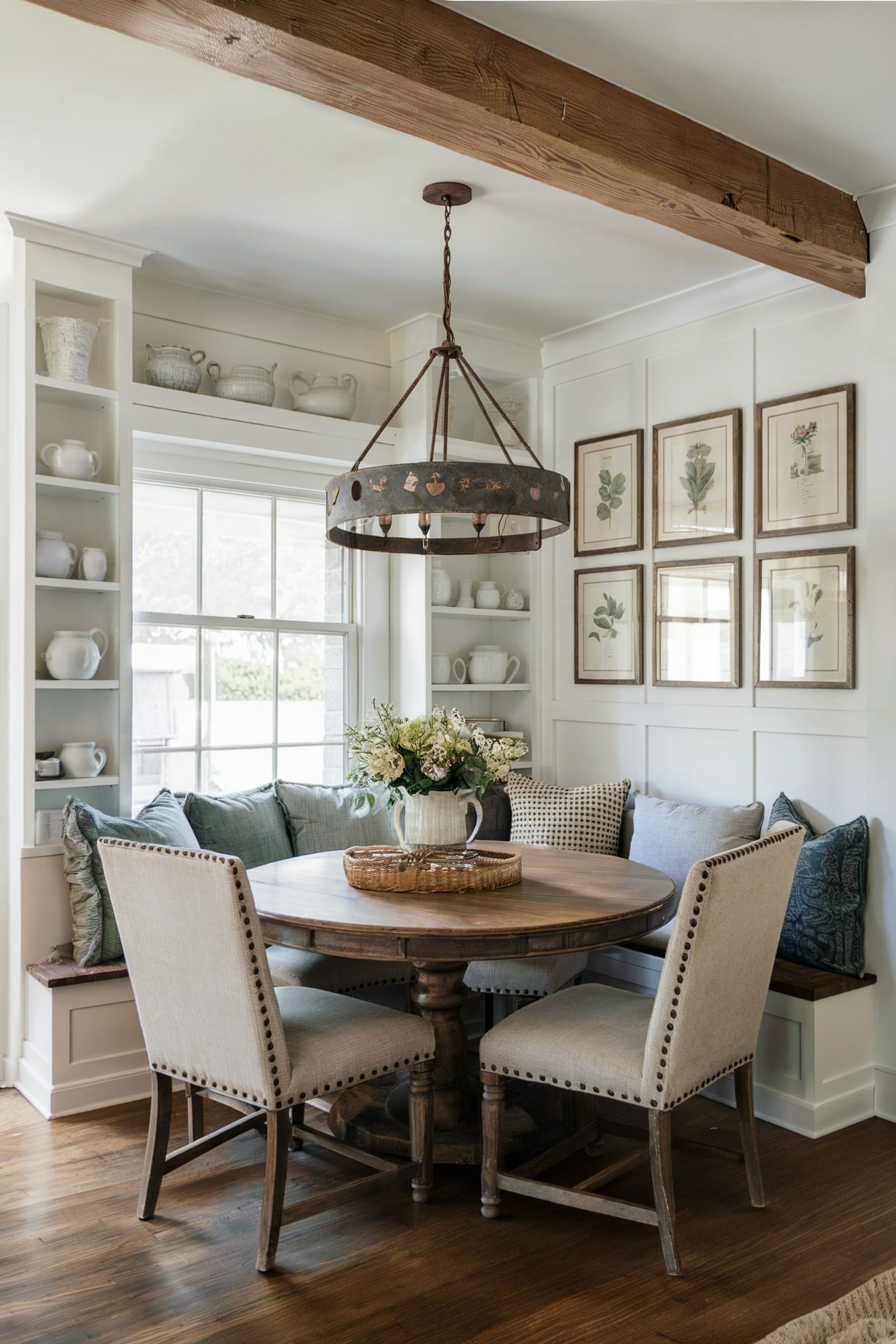 Rustic nook with shelves, round table, cushioned chairs, and chandelier