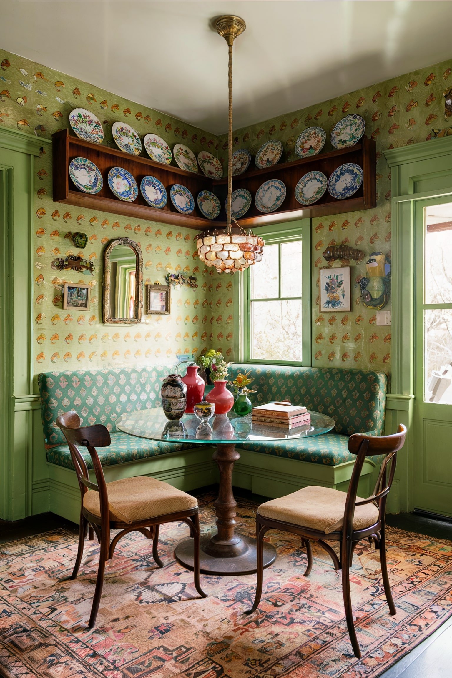 Vintage-style nook with green wallpaper, patterned cushions, plates on walls, and a glass table