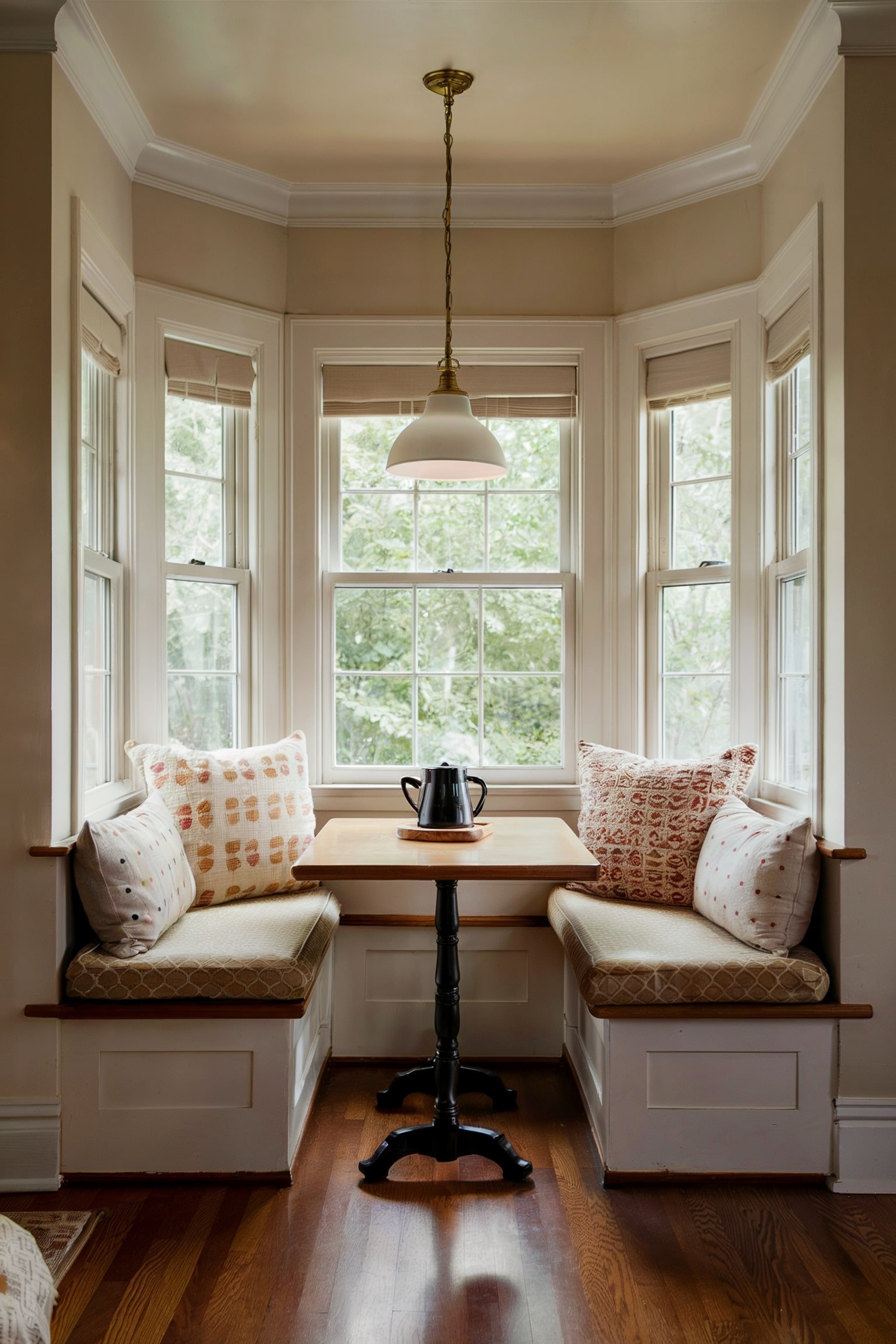 Bay window nook with benches, patterned cushions, and a small table with a coffee pot