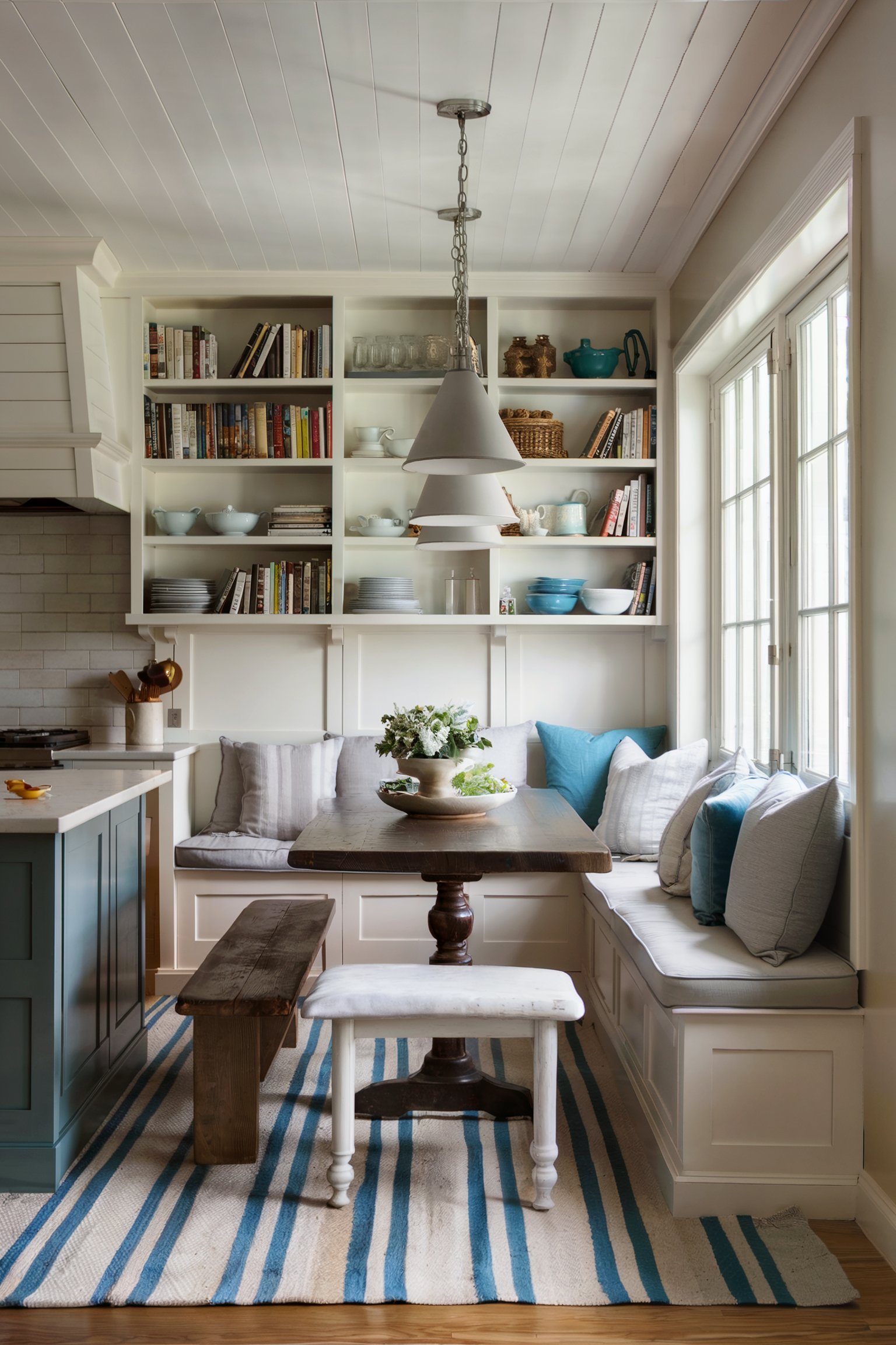 Cozy kitchen banquette with built-in bookshelves, wood table, and bench seating with striped rug