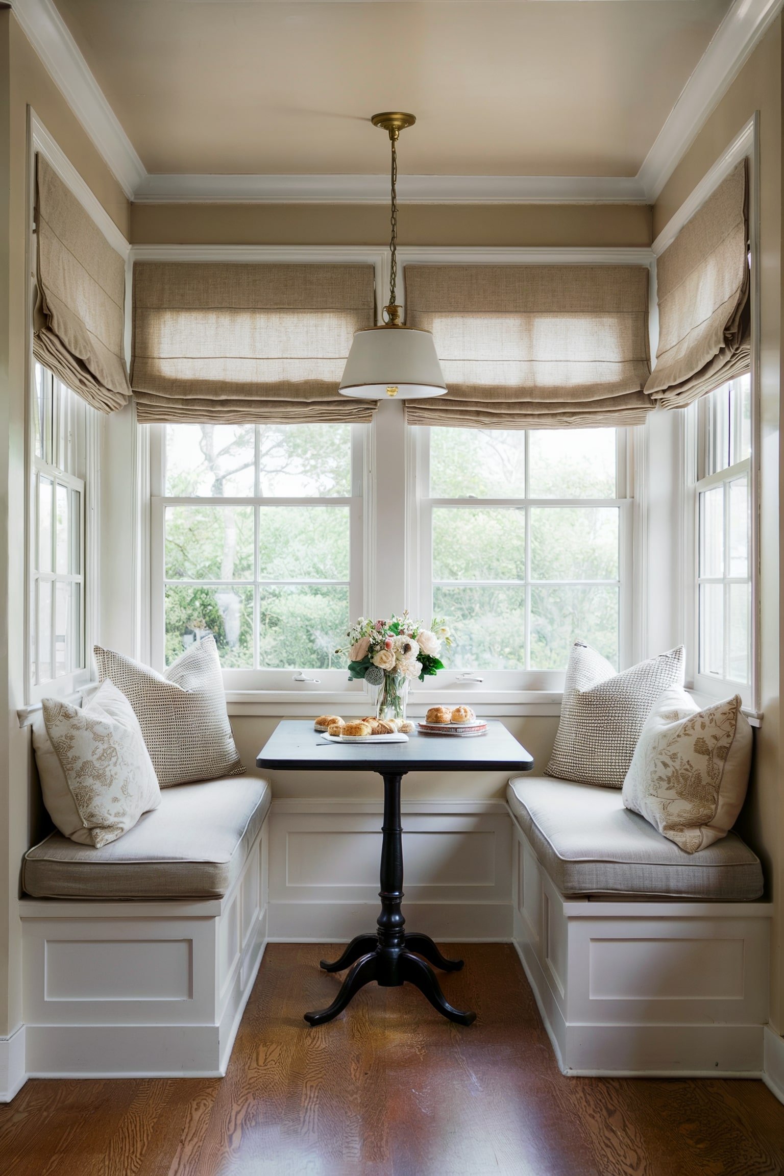 Breakfast nook with benches, neutral cushions, and a black table with flowers and croissants by the windows.