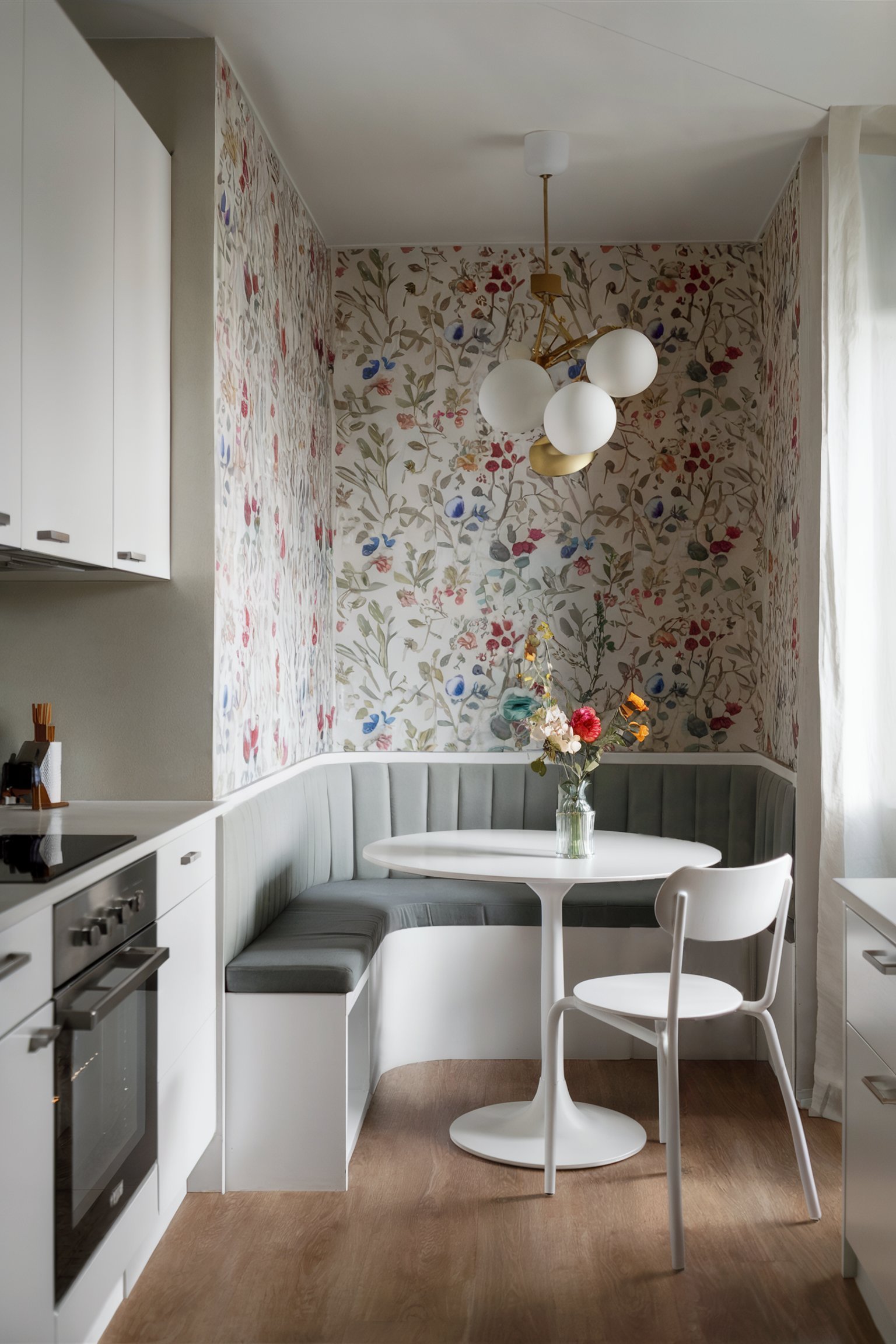 Compact floral-wallpapered kitchen with soft gray banquette and white table