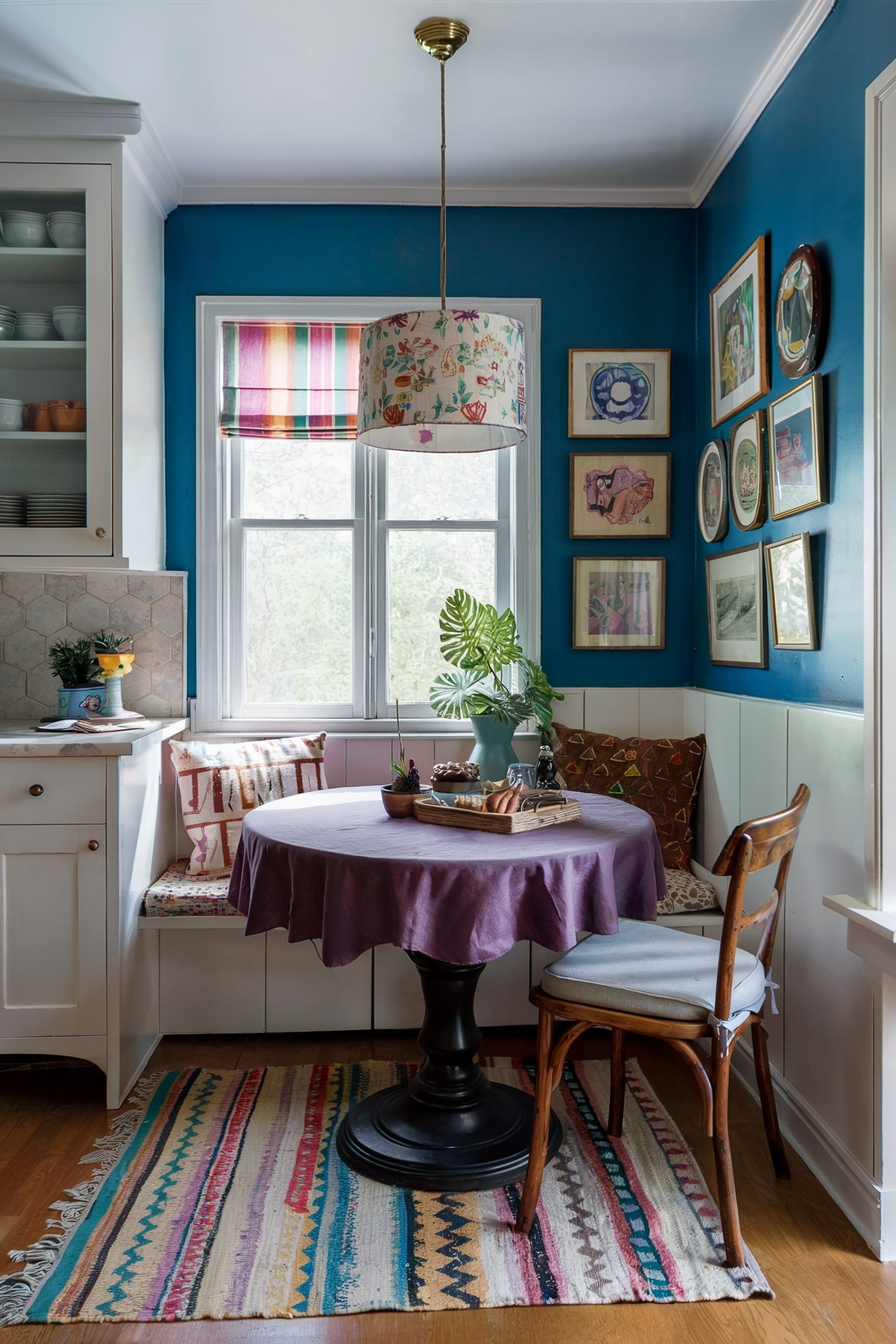 Colorful breakfast nook with a round table, patterned rug, and art-filled wall
