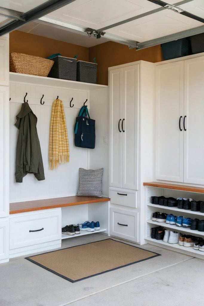 White mudroom with cabinets, hooks, and a bench with shoe storage
