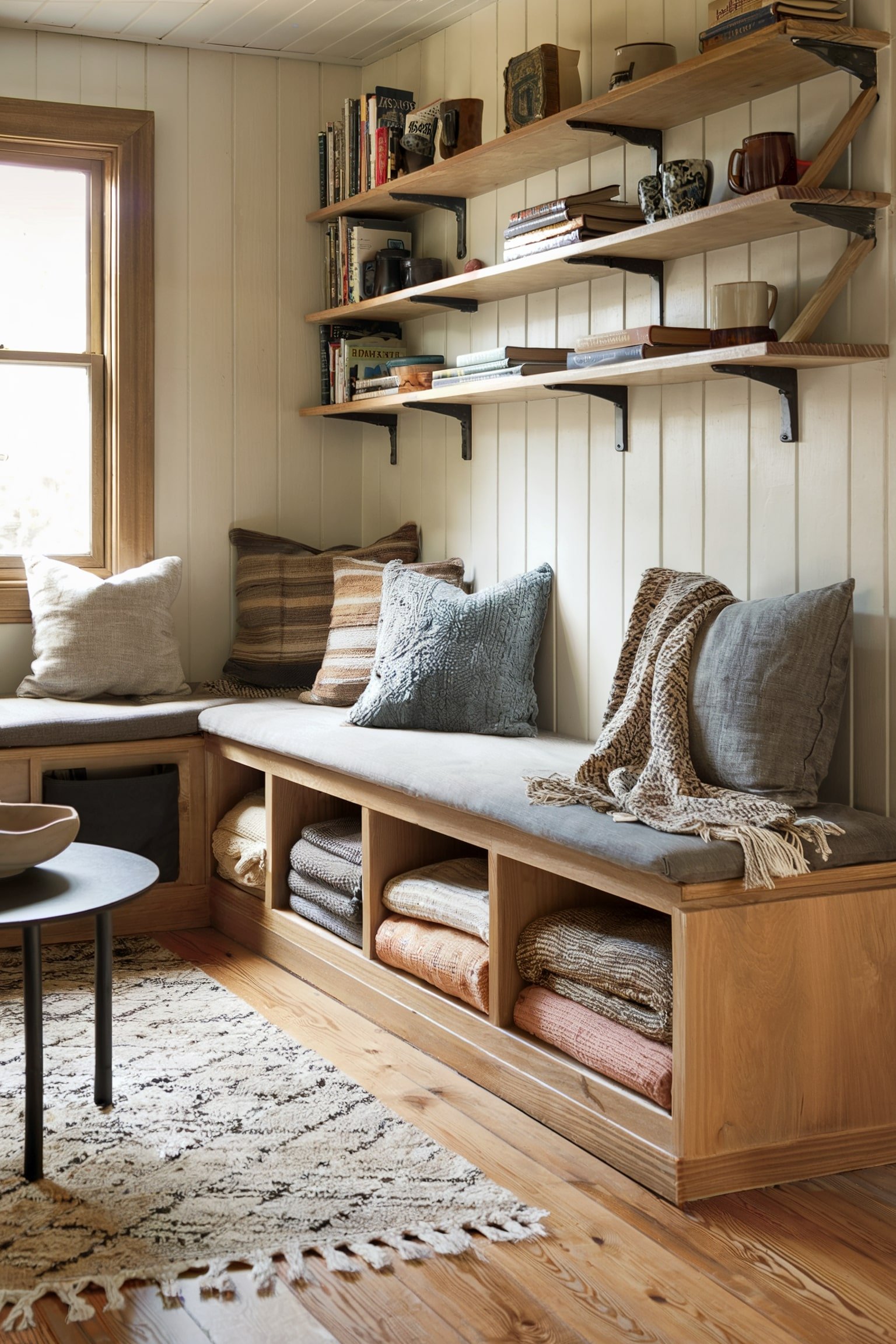 Built-in bench with pillows, shelves above, and blankets stored below