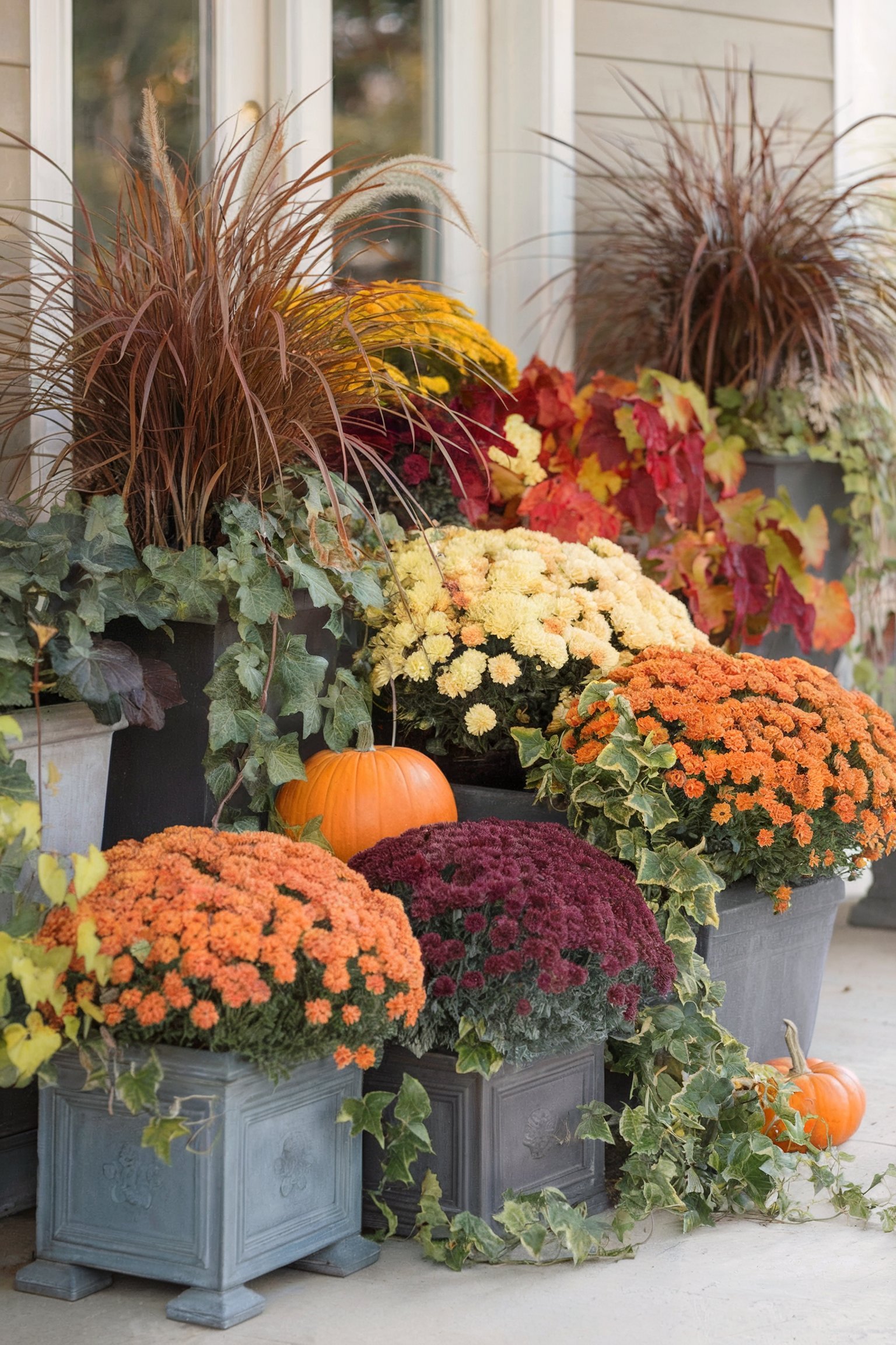 A colorful array of potted fall flowers and pumpkins displayed on a front porch