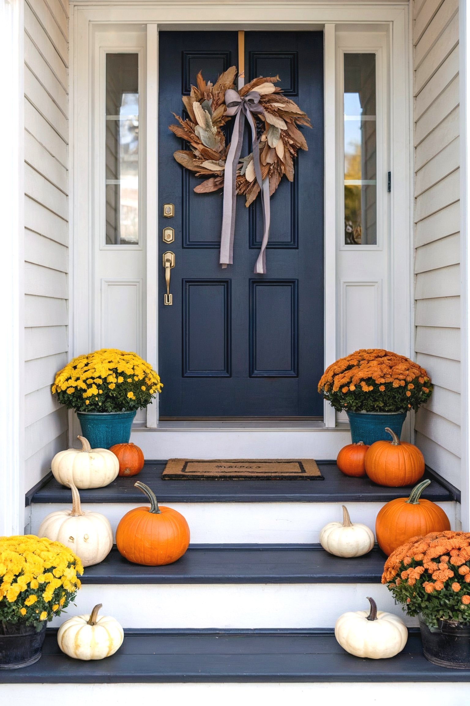 A blue front door adorned with a wreath, surrounded by vibrant pumpkins and chrysanthemums on the steps