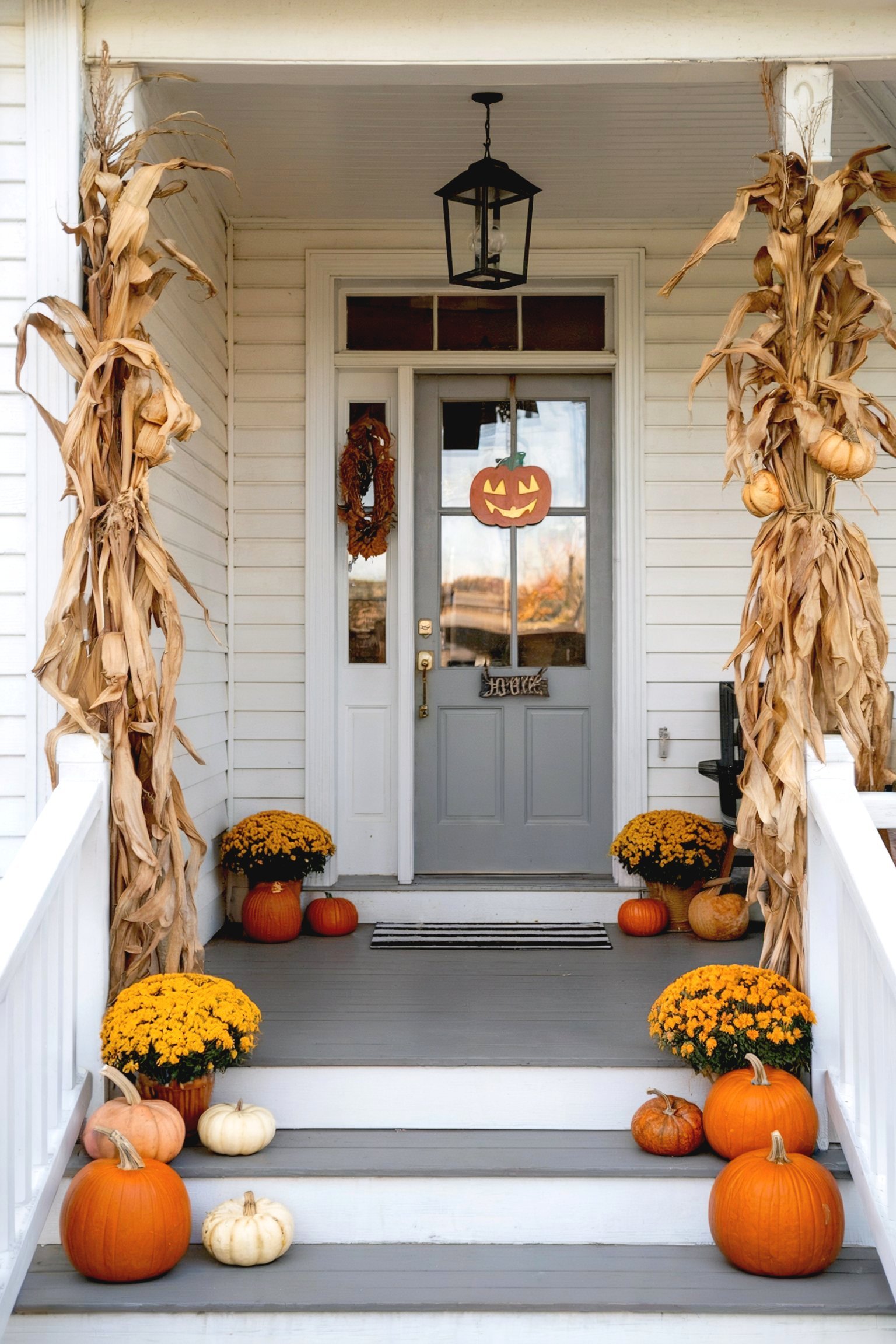 A Halloween-themed front porch featuring pumpkins, cornstalks, and a jack-o'-lantern decoration