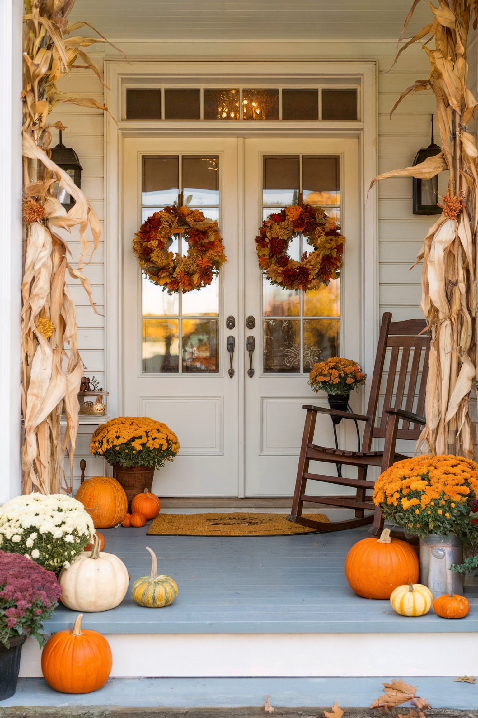 A welcoming front porch with rocking chairs, fall wreaths, and a variety of pumpkins and gourds