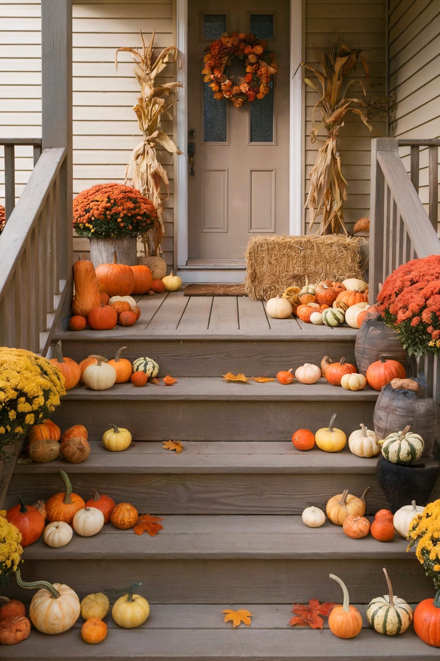 A rustic front porch decorated with pumpkins, gourds, chrysanthemums, and a hay bale for fall