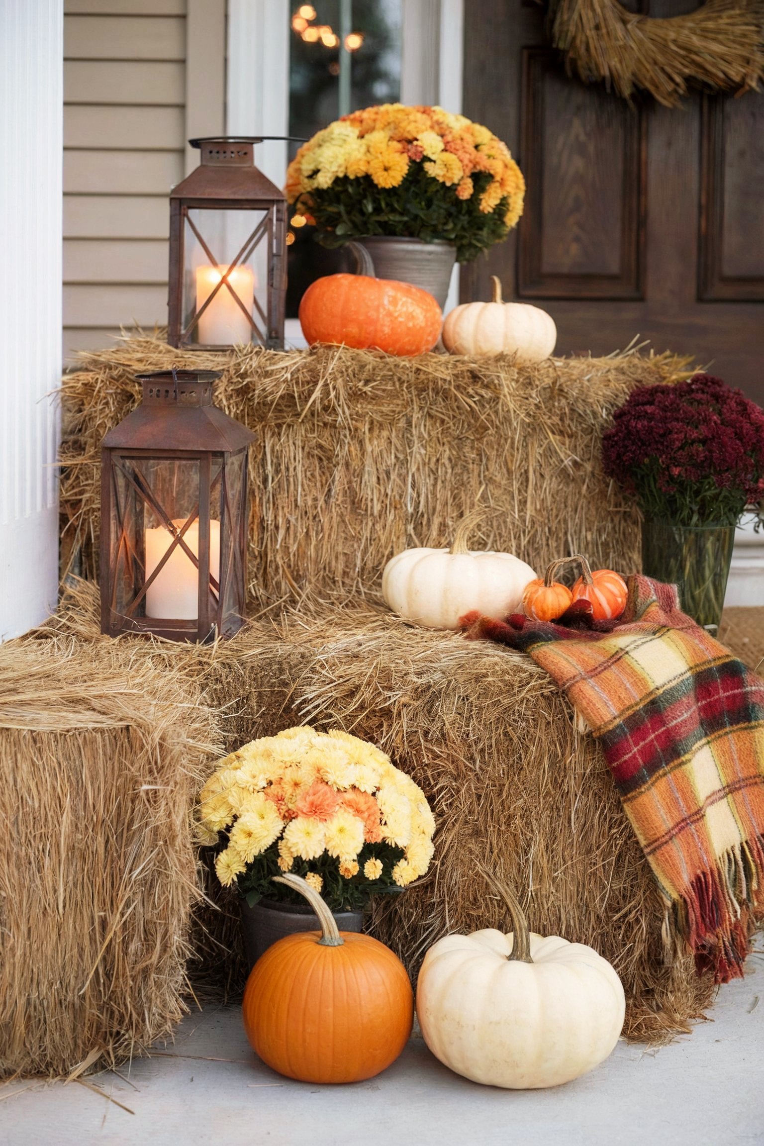 A fall-themed front porch with hay bales, lanterns, pumpkins, and vibrant mums