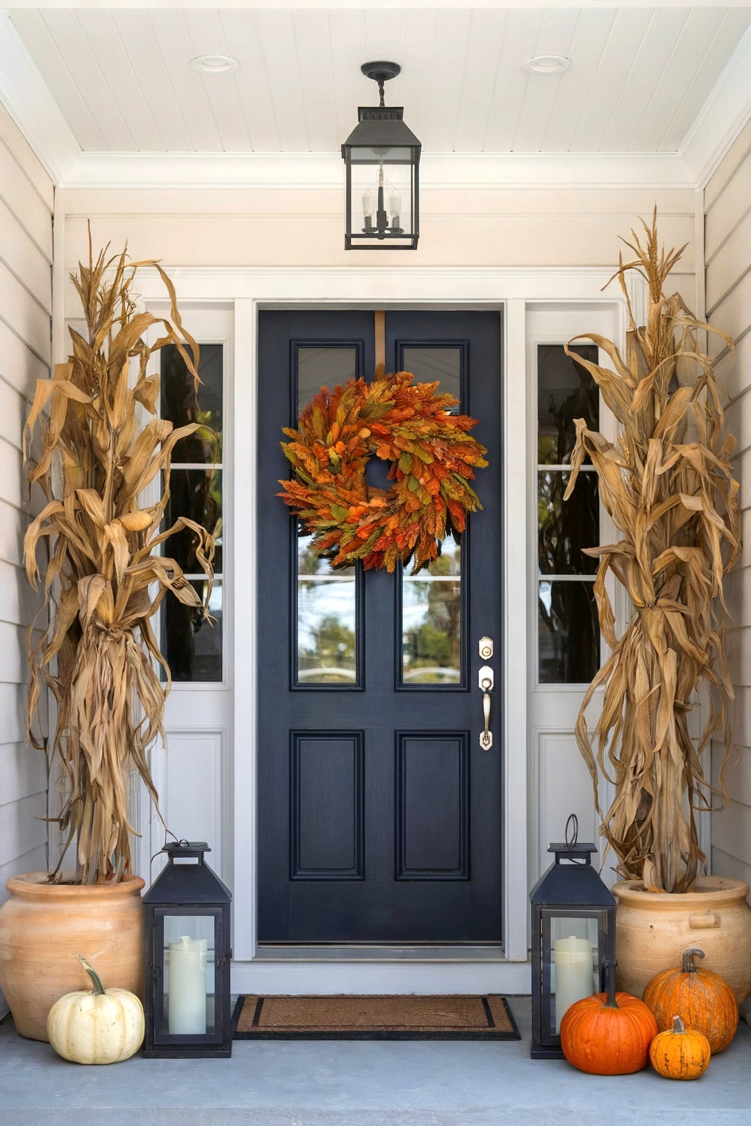 A stylish fall front porch decorated with corn stalks, a wreath, pumpkins, and lanterns