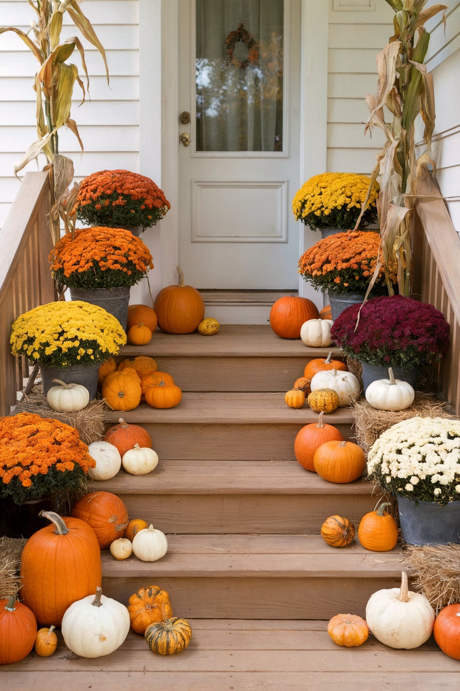 A cozy fall porch with steps adorned with pumpkins, hay bales, and colorful mums