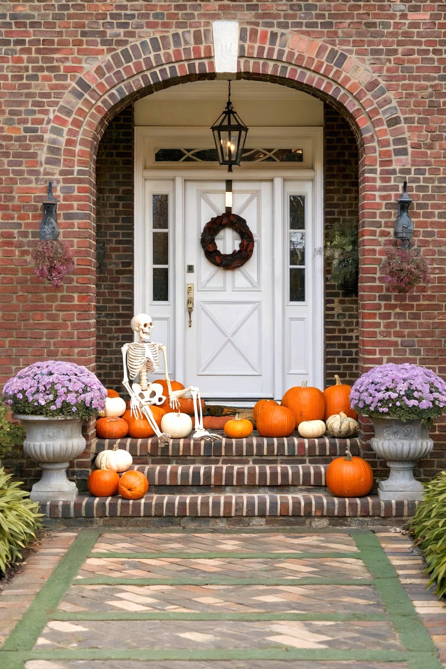 A red brick house with a white door, a skeleton, pumpkins, and purple mums decorating the front porch