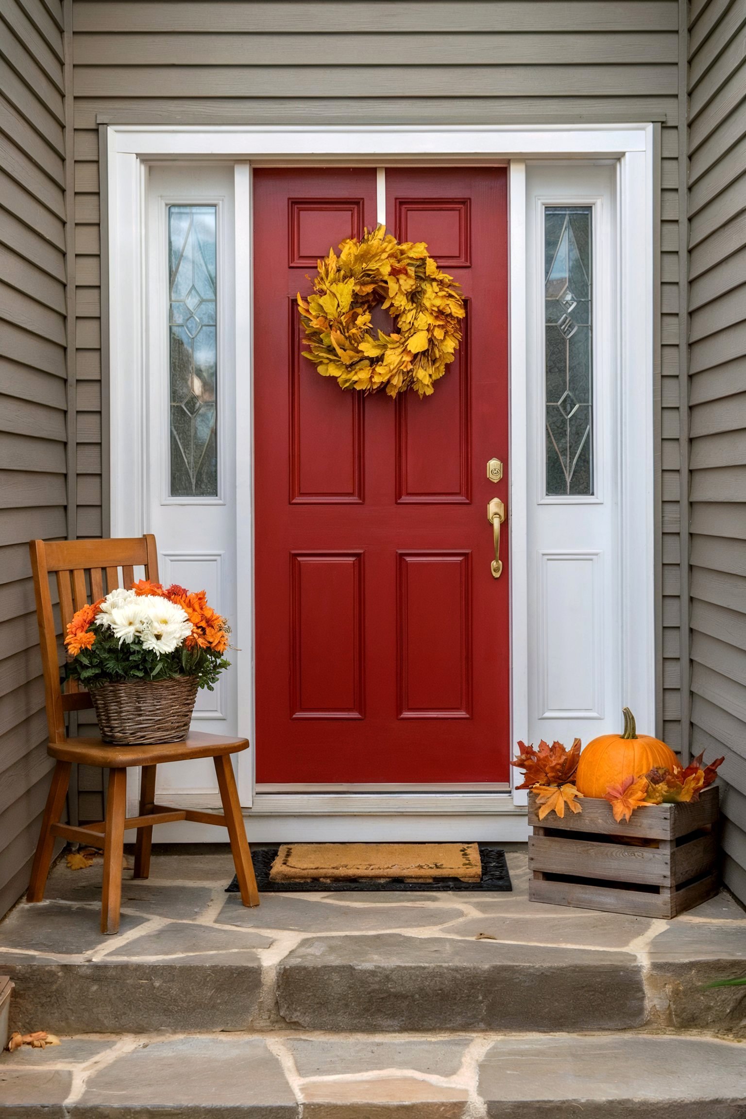 A red front door decorated with a yellow wreath, pumpkins, and a basket of fall flowers on a chair