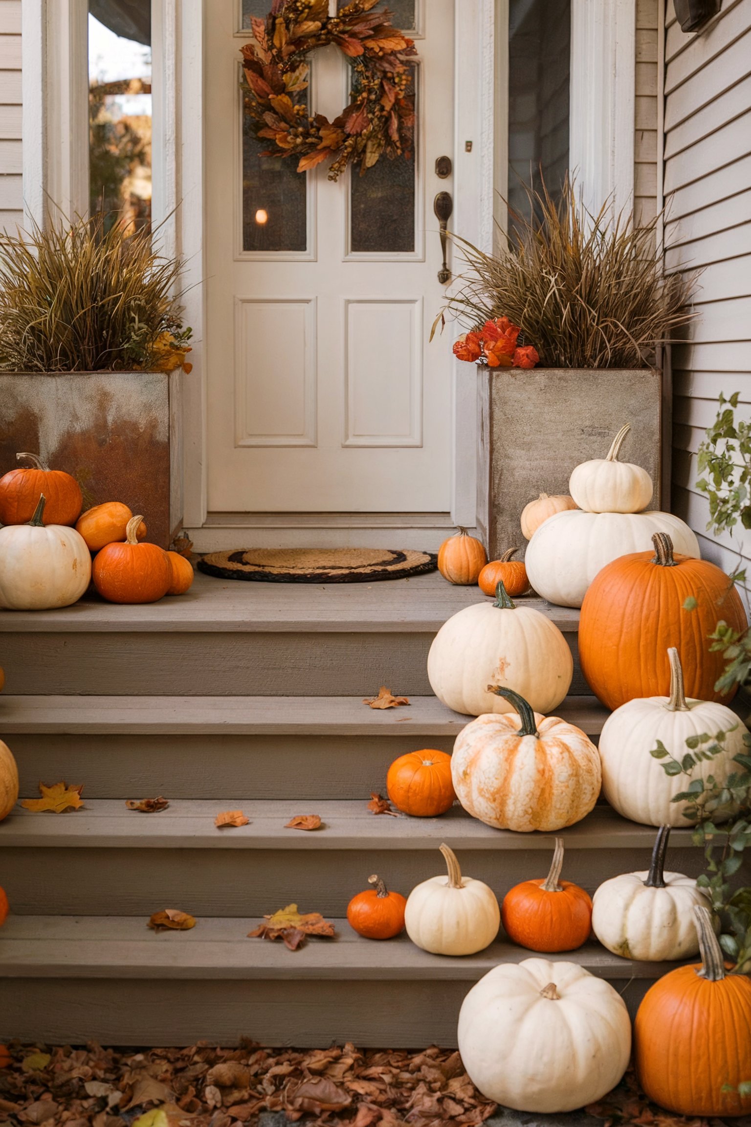 A front porch decorated with pumpkins, orange mums, and a wreath, with white and orange pumpkins stacked on the stairs