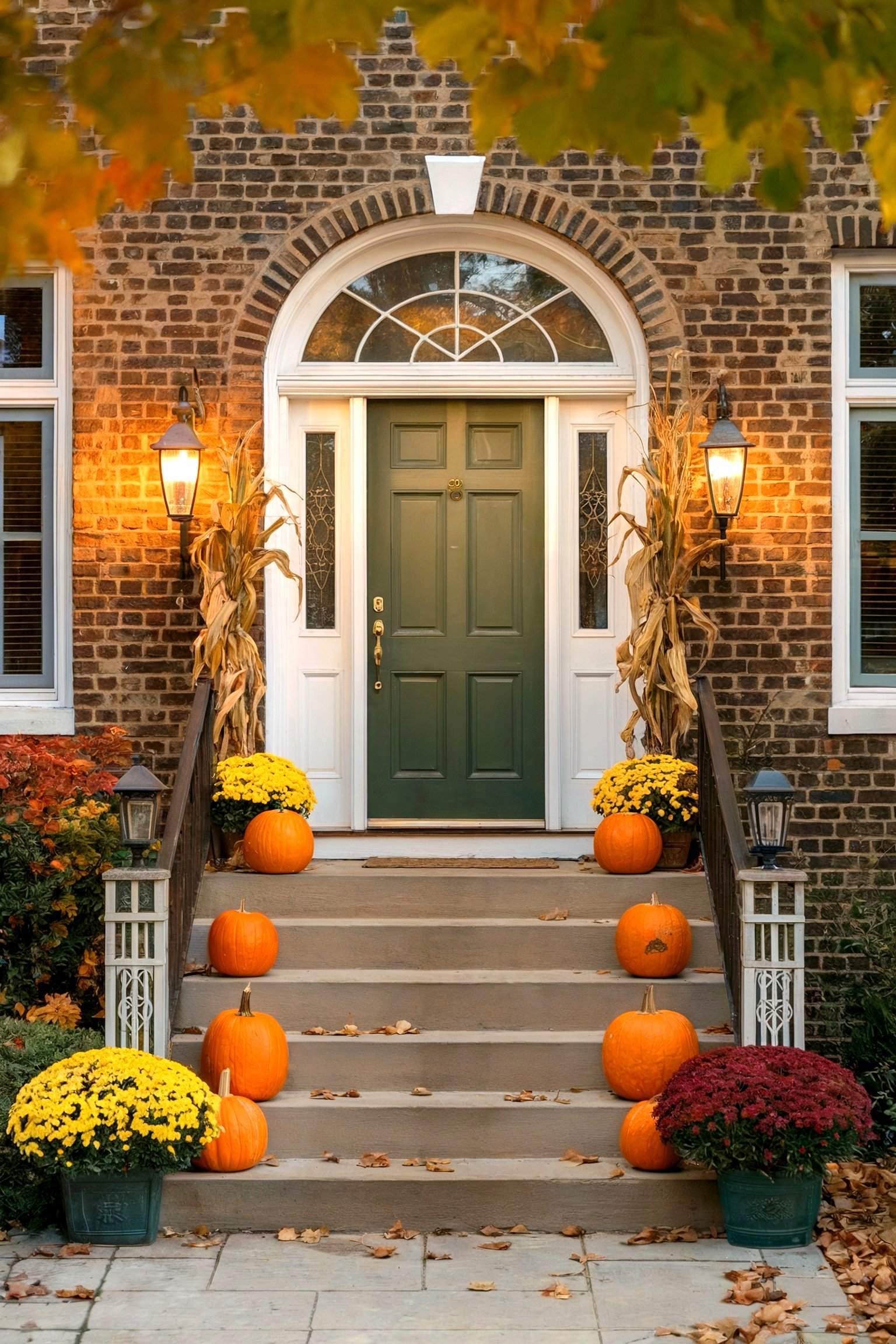 A green front door adorned with a wreath, surrounded by pumpkins and mums along the staircase of a brick townhouse