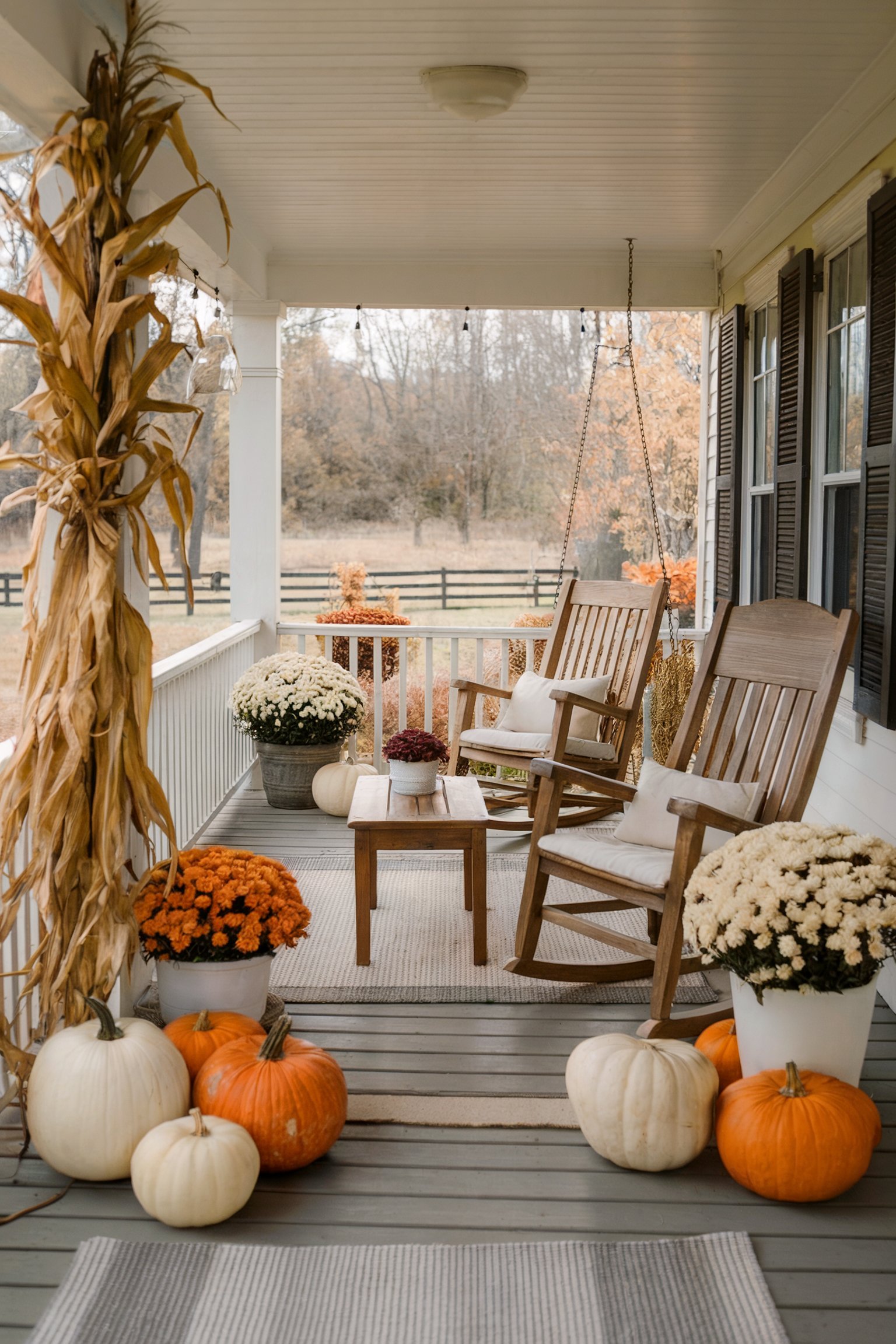 A farmhouse porch featuring rocking chairs, corn stalks, pumpkins, and mums with a serene fall backdrop
