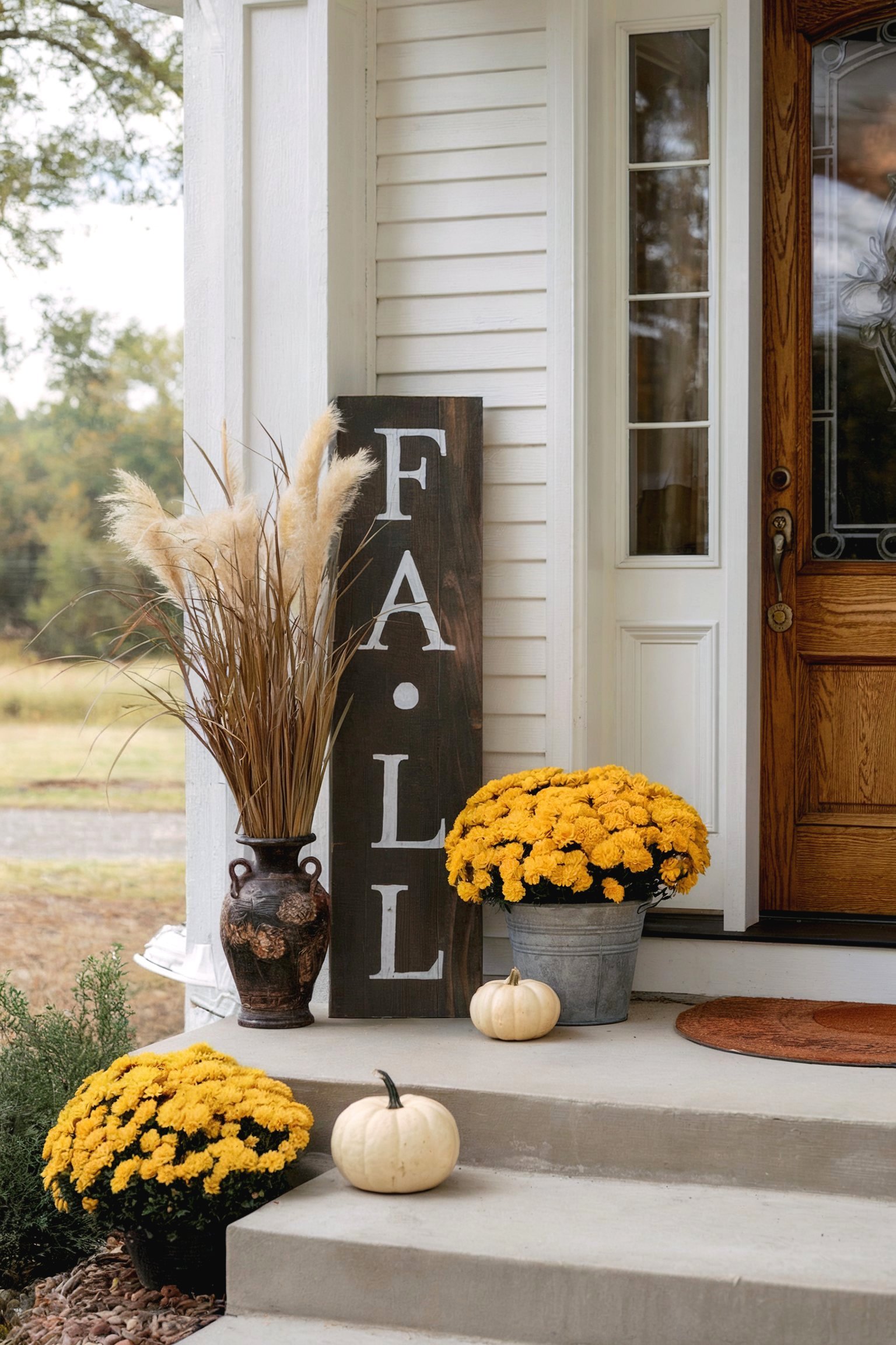 Front porch decorated for fall with a vertical "FALL" sign, potted yellow mums, pampas grass in a large vase, and white pumpkins on the steps