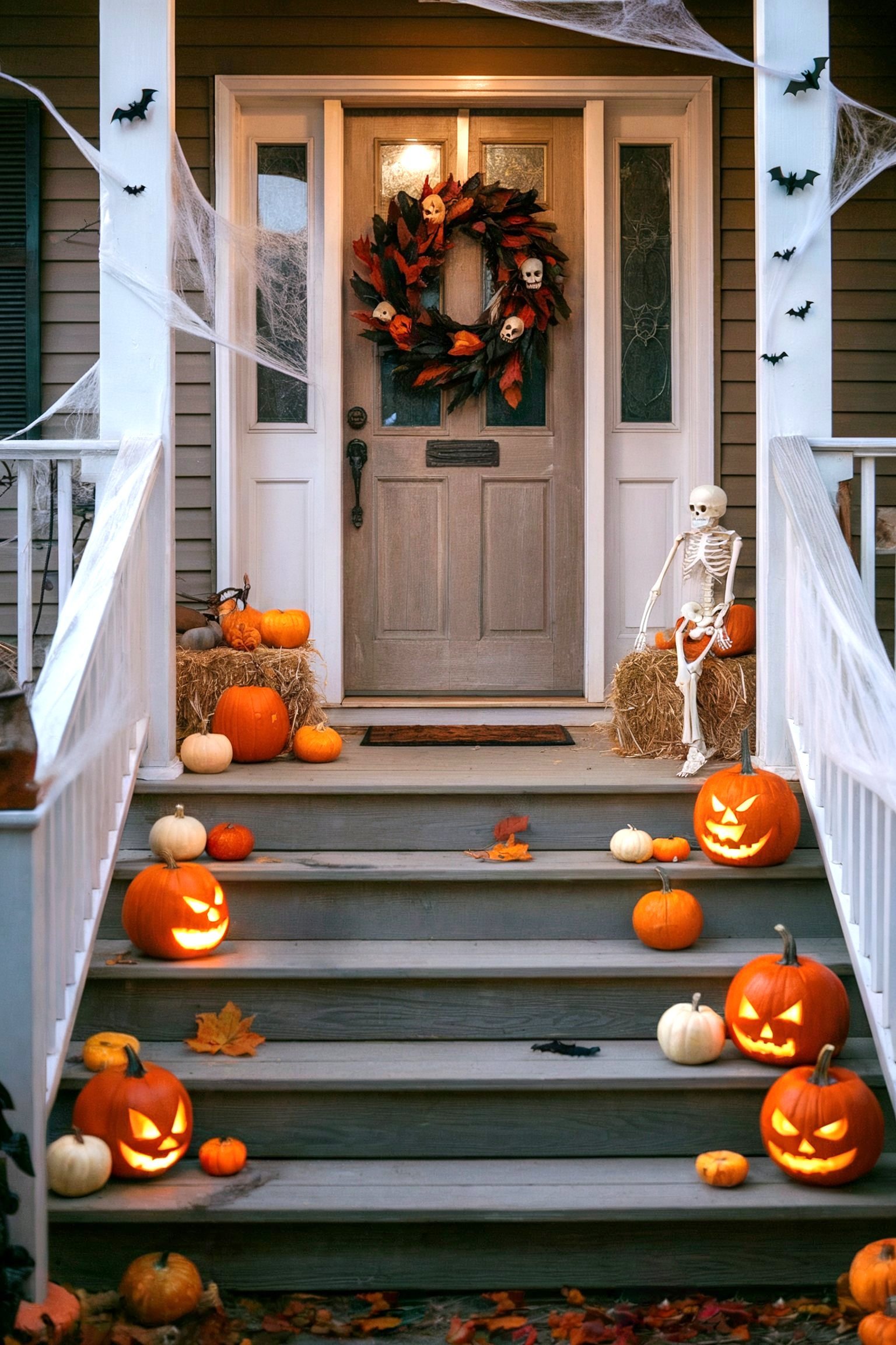 Halloween-themed front porch featuring carved pumpkins, a skeleton sitting on hay bales, a wreath with skulls, and cobwebs with small bat decorations
