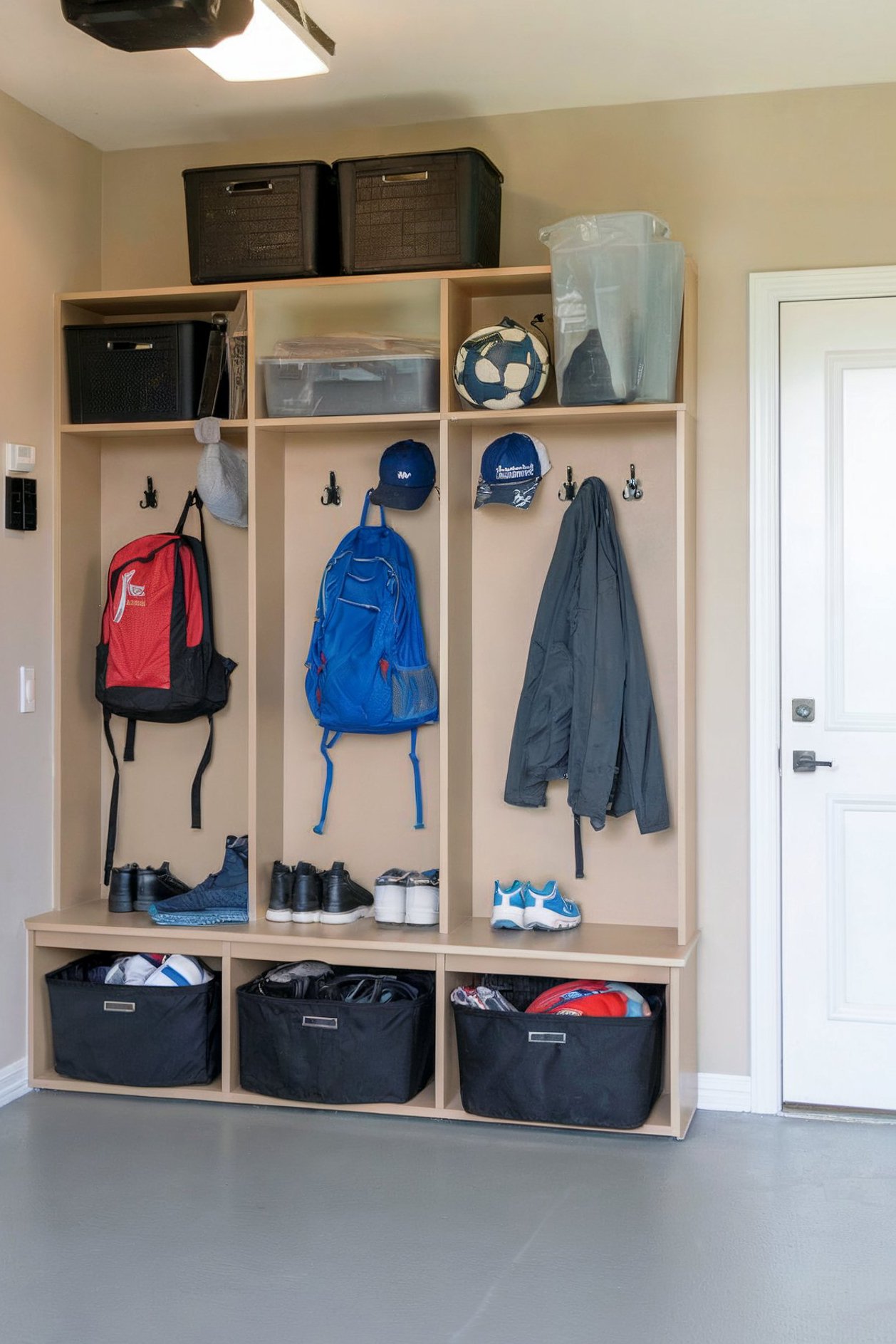 Beige mudroom lockers in a garage with hooks and storage bins