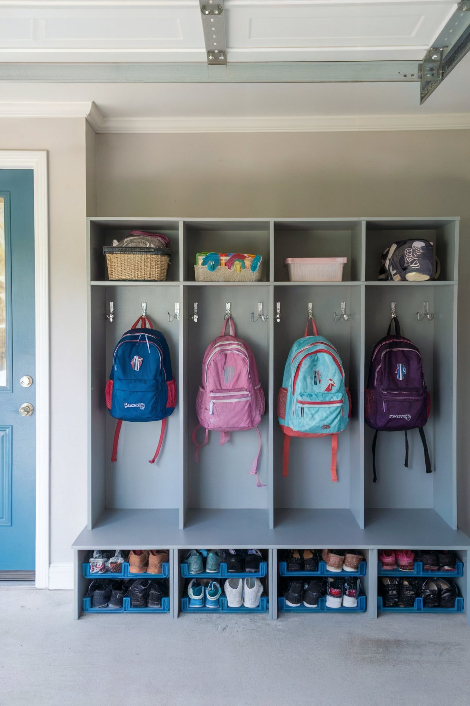 Gray mudroom lockers in a garage with backpacks and storage bins