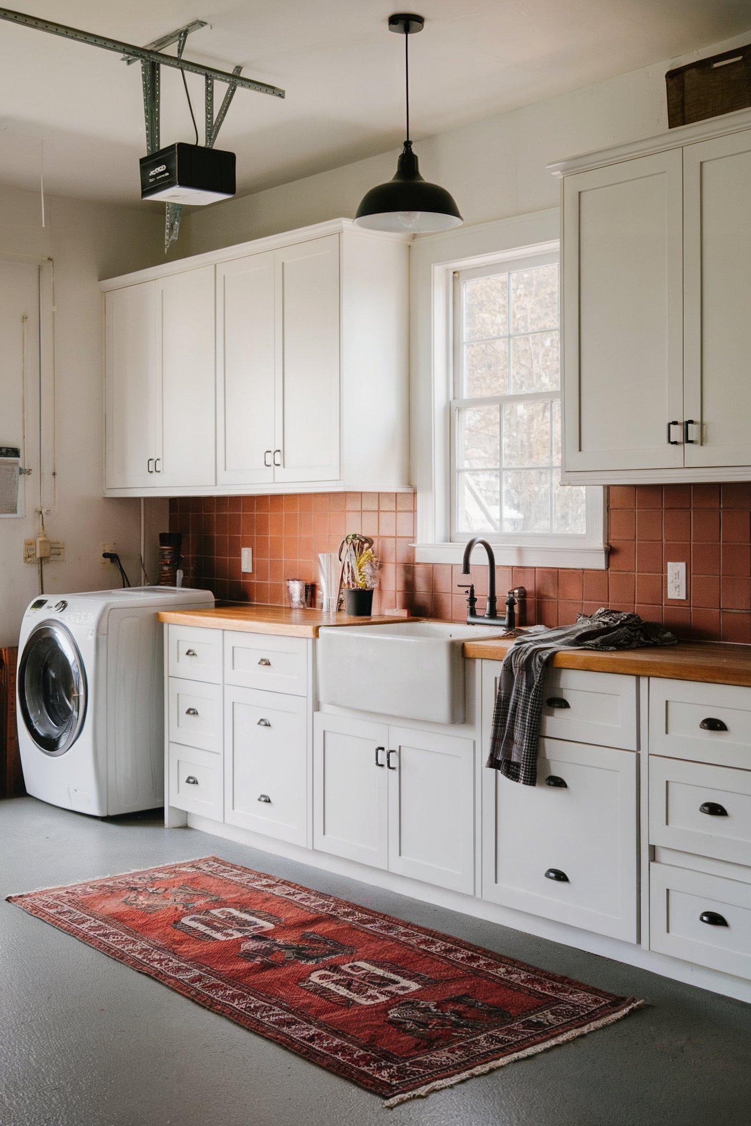 Garage mudroom with cabinets, sink, and washer