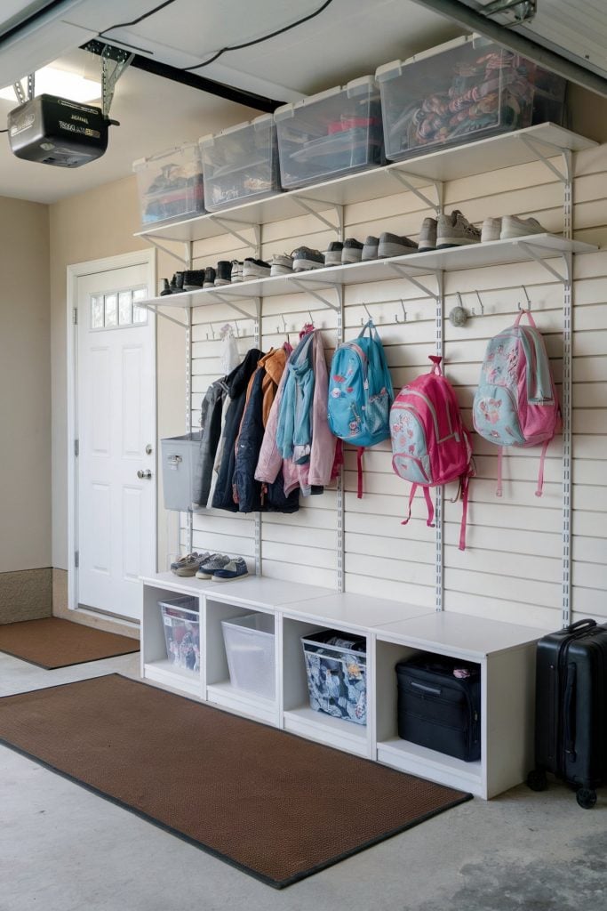 Garage mudroom with shelves, hooks, and cubbies for coats and shoes