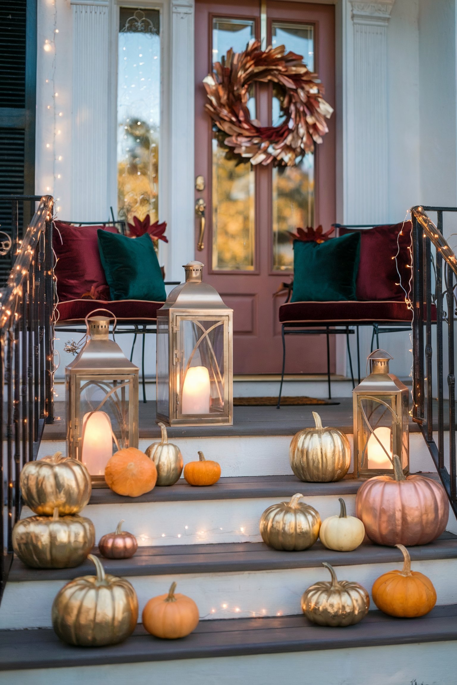 A front porch decorated with glamorous metallic pumpkins, large lanterns with candles, string lights, and a decorative wreath on a red door